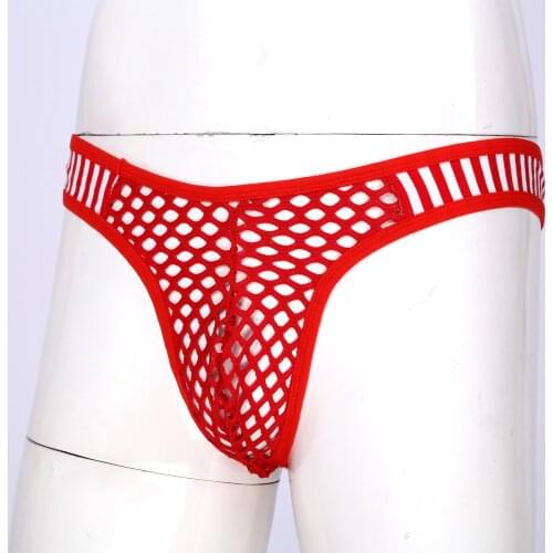 Breathable Men Hollow Out Fishnet Briefs Low Waist Striped Elastic Exotic Thongs See-Through Bulge Pouch Underpants Underwear