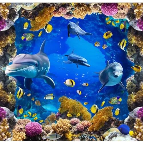Photo wallpaper mural floor PVC waterproof floor Custom Photo self-adhesive 3D floor dolphin Home Decoration