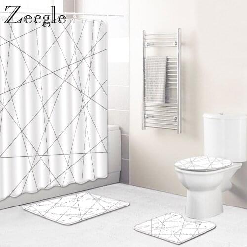 Geometric Line Printed Bath Mat and Shower Curtain Set Microfiber Bathroom Carpet Toilet Seat Cover Mat Absorbent Foot Mat