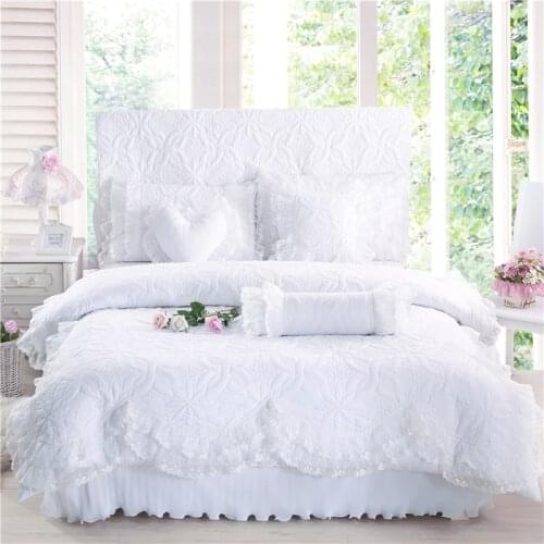 100%Cotton Thick Quilted lace Bedding set King queen Twin size Bed set Princess Korean Girls White Pink Bed skirt set 28