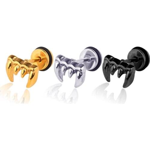 Fashion Wolf Teeth Stainless steel Earrings For Women Girls Punk Style Screw Stud Ear Jewelry Party Gifts 2 pieces