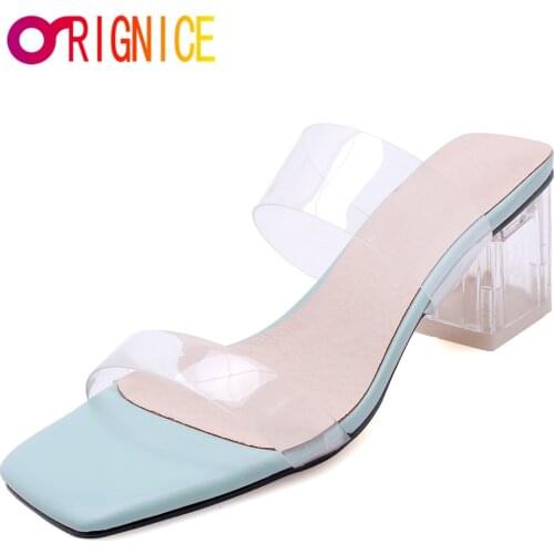 Orignice Clear High Heels Slippers Women Sandals New Summer Transparent PVC Fashion Square Toe Wedding Shoes Big Size 34-43