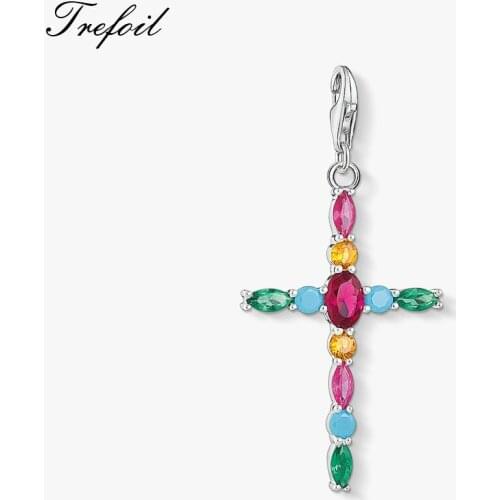 Colorful Cross Charm Pendant,2019 Fashion Jewelry 925 Sterling Silver Trendy Bohemia Gift For Women Girls Fit Bracelet Necklace