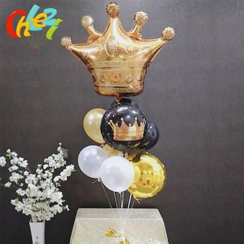 9pcs Gold Crown Foil Balloons 18inch Black gold Round ballons Prince Princess Baby Shower Birthday Party Decorations Photo Props