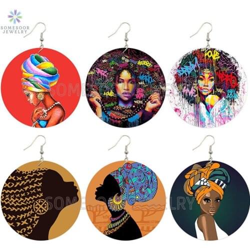 SOMESOOR Love Afro Ethnic Vintage Headwrap Woman Wood Drop Earrings Black Queen Portait Arts Designs Printed For Women Gifts