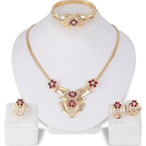 Rhinestone Heart Flower Necklace Stud Earrings Ring Bracelet Women Jewelry Set Dubai Bridal Wedding Party Jewelry Decor Accessor