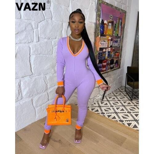 VAZN 2020 Top Quality Knit Free Tracksuits Soft Jumpsuits Sexy Young Sweet Full Sleeve Women High Waist Skinny Jumpsuits