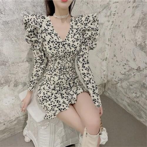 Vintage V Neck Ruched Ruffles Sleeve A-line Dress Women Floral Print Slim Waist Female Dress Spring Vestidos femme