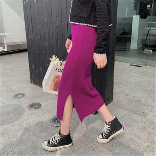 2021 Korean Style Beige Black Green Purple Tube Skirt Womens Knit Straight Skirt With Slit High Waist Long Pencil Skirt Womens