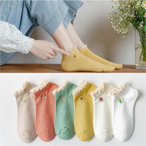 1 Pair Women Ankle Socks Soft Comfortable Lace Printed Cotton Socks Casual Fashion Solid color Simplicity Style Girl Short Socks