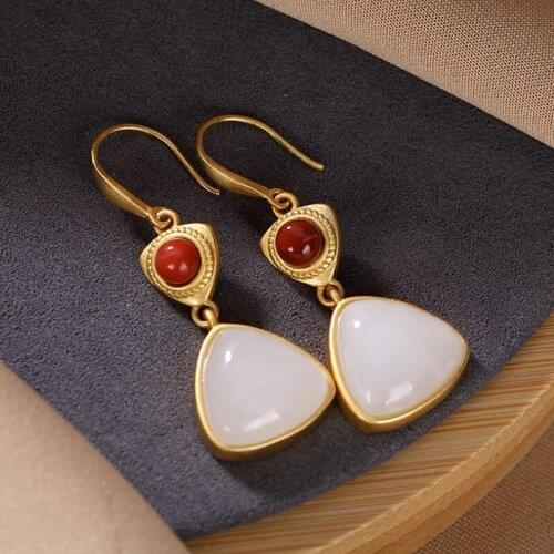 Uglyless Natural Gemstones Agate Jade Triangle Earrings for Women Gold Geometric Fashion Dress Brincos Bijoux 925 Silver Earring