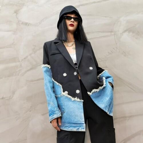 Spring and Autumn Super Cool Black Blazer for Women Splicing Ripped Denim Suit With Double Breasted