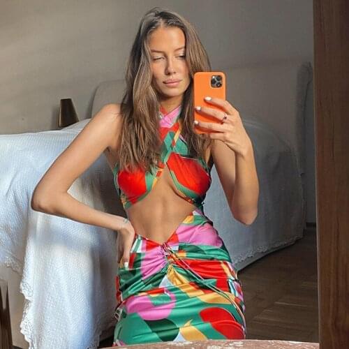 Summer Dress Sets Panelled Halter Backless Sleeveless Top and Printing Bandage Long Skirt Sexy Two Piece Set Women Outfits 2021