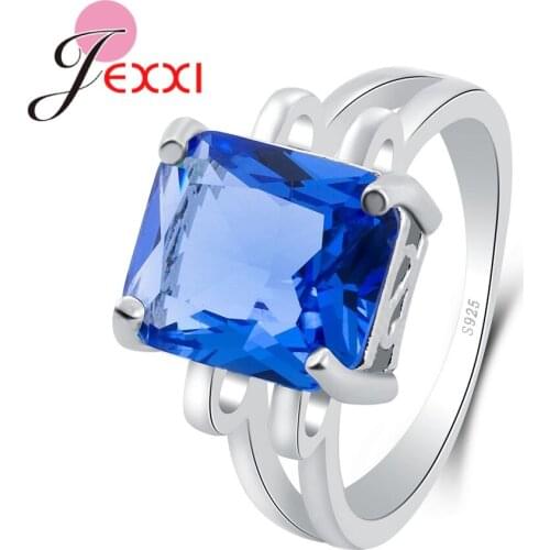 Exquisite Design Latest Big Blue Rectangle Cubic Zirconia Top Quality 925 Sterling Silver Rings Simple Engagement Ring