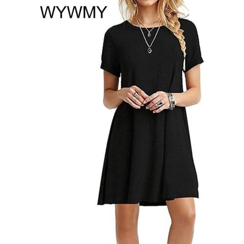 WYWMY 9 Colors Summer Womans Dress Solid Color Short Sleeve Causal Mini Dress Crew Neck Basic A-line Dress Plus Size XXL