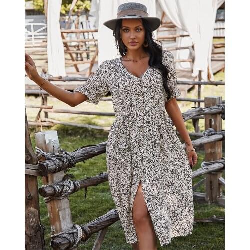 2021 Women Summer Beach Chiffon Dress Casual Short Sleeve Polka Dot Boho Party Elegant V Neck Women Dresses