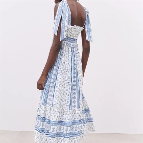 ZXQJ Women 2021 Chic Fashion Smocked Printed Midi Strappy Dress Vintage Bow Tie Straps Ruffled Hem Female Dresses Mujer