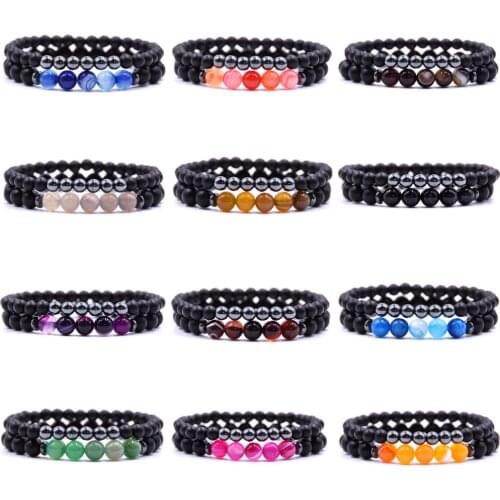 2pcs/set Energy Charm Bracelet Natural Agate Stone Beads 6mm Yoga Healing Bracelet Jewelry for Women Men Best Friend Gifts