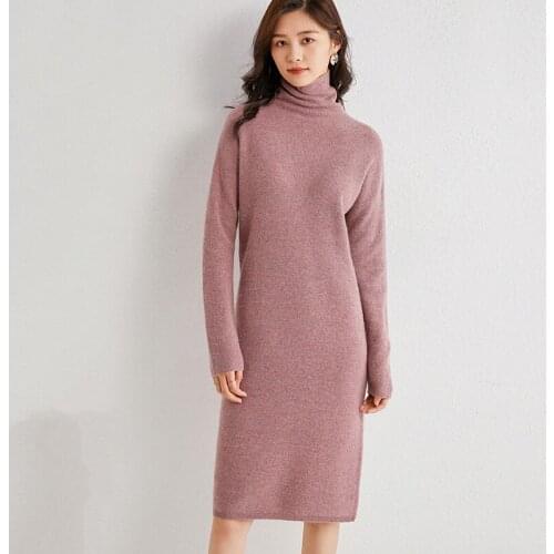 2020 Women Cashmere Knit Dress Turtleneck Slim Long Dress Straight Solid Color Simple Womens long Sweaters Winter Full Sleeve