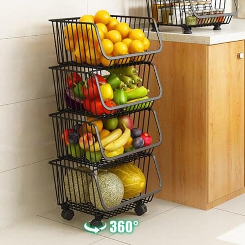 3/4/5 Layers Kitchen Storage Rack Basket Movable Wheels Stackable Fridge Side Shelf Bathroom Bedroom Organizer Cart Shelf Rack