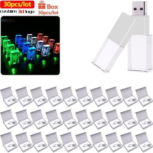30pcs/lot pen drive 128G usb memory stick 32G free 3d logo 64G 16G Crystal usb flash pen 8G cle usb flash drive For photography