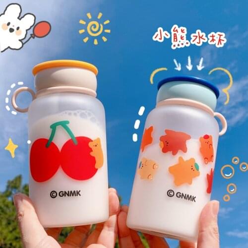 300ml 400ml Frosted Glass Mini Cute Bear Print Mug with Lid Spoon New Portable Sweet Mini Milk Coffee Cup for Mori Students