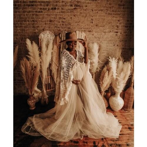 Boho Maternity Costume Long Sleeve Pregnant Maxi Tulle Gown V Neck Bohemia Pregnancy Clothing for Photo Shoot Baby Shower Dress