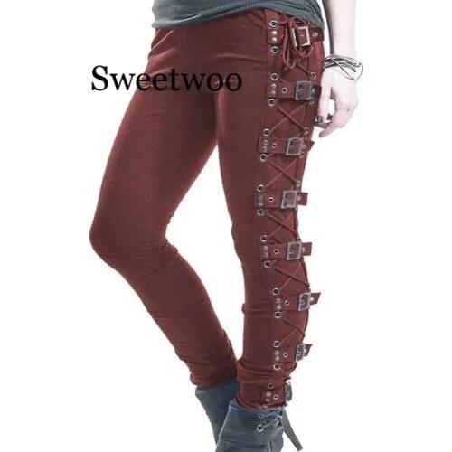 Lace Up Casual Cargo Pants Women Buckle Gothic Punk Rock Dark Black High Waist Pants Plus Size Trousers S-5XL