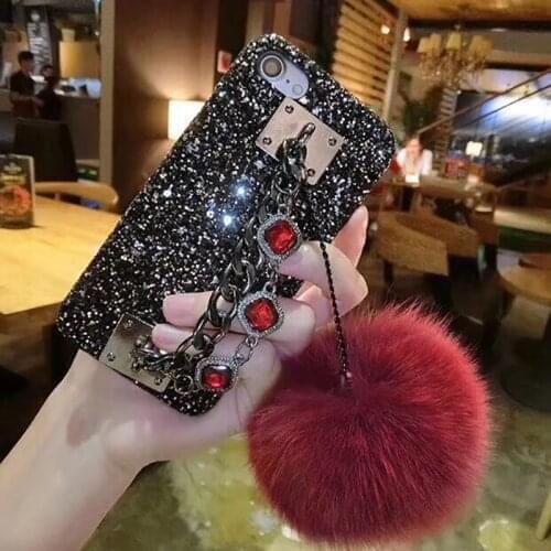 Luxury Crystal gem Strap Fur Ball Phone Case For Samsung S20FE Note20Plus Note10lite S10Lite 2020 A51 A71 s20Plus Glitter Coque