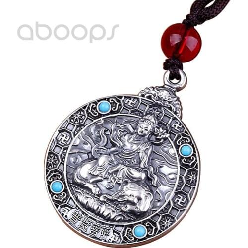 Black 999 Sterling Silver Round Tag Pendant Necklace with Buddha and Turquoise for Men Women,Free Shipping