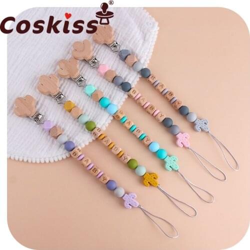 Coskiss Cactus Beech Wood Clip and Food Grade Cactus Silicone Pendant Baby Pacifier Clip Chain Nipple Holder Molar Gift