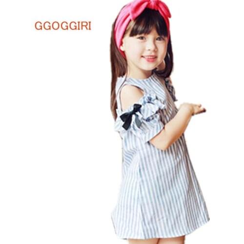 GGOGGIRI Brand Big Chlidren Clothing New Girls Summer Fashion Striped Cotton Off-the-Shoulder Bows Quality Mini Dresses