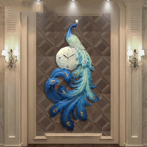 Chinese Resin Peacock Wall Clock Wall Mural Ornaments Livingroom Home Light Luxury Mute Wall Clock Wall Hanging Craft Decpartion