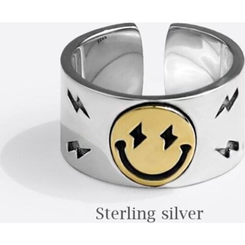 Sole Memory Cute Smiley Lightning Retro Hip Hop 925 Sterling Silver Female Resizable Opening Rings SRI887