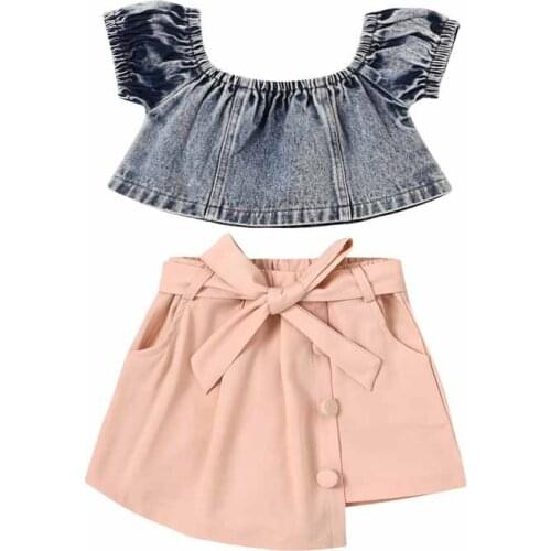 Toddler Girls Sets Summer fashion Shrink denim pullover+Solid color irregular shorts with open pockets belts Childrens Sets