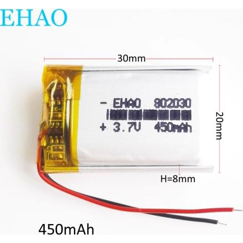 EHAO 802030 3.7V 450mAh Lithium Polymer Li-Po Rechargeable Battery For Mp3 Camera Bluetooth GPS LED Light Smart watch