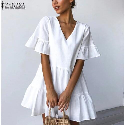 Fashion Flounce Dress Womens Summer Sundress 2021 ZANZEA Casual Ruffle Mini Vestidos Female V Neck Robe Femme