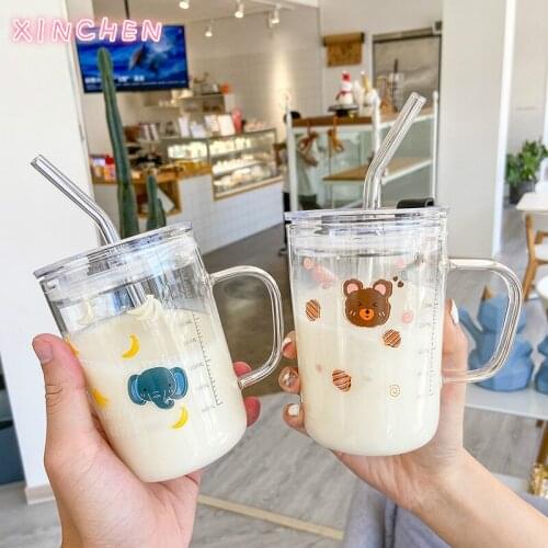 Cartoon Animal Scale Glass Cup Straw Cup Milk Mug Cup Coffee Mug Cute Borosilicate Glass Heat and Cold Resistant Lightweight