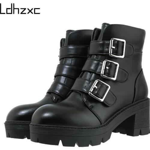 LDHZXC 2020 New Fall Fashion Women Ankle Boots High Heels Sexy Metal Buckle Gothic Shoes Platform Block Heel Promotion Sale