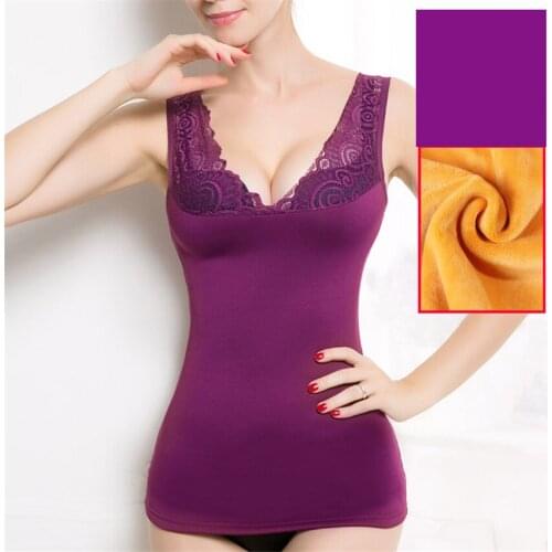 Autumn Winter Slim Lace Patchwork Camisoles Warm Thickening Women Vest Bottoming Shapewear Sexy Velvet Sleeveless Tanks Mw024