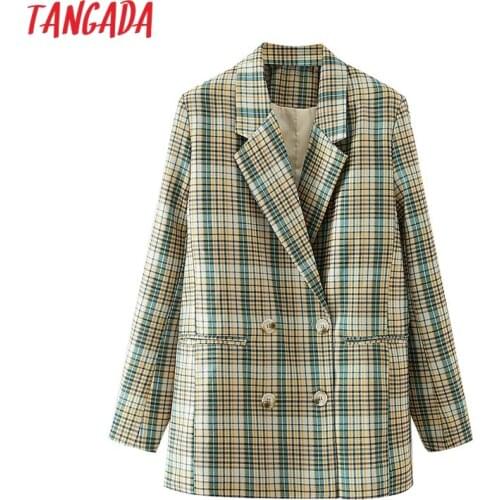 Tangada Women 2021 Green Plaid Blazer Coat Vintage Double Breasted Long Sleeve Female Outerwear Chic Tops DA119