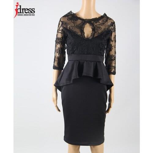IDress Plus Size Robe Femme Mujer Sexy Women Black O-neck Floral Lace Hollow Out Bodycon Party Peplum Autumn Dress Vestidos