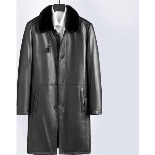 2020 New Luxury Mink Collar Black Mink Fur Lined Goat Skin Leather Genuine Shell Men Winter Long Fur Coats