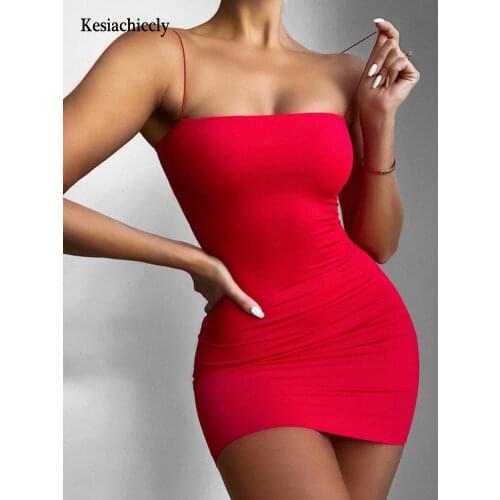Kesiachiccly Sexy Pleated Bodycon Dress Women Spaghetti Strap Sheath Mini Dress Ladies 2021 Summer Fashion Club Party Clothes