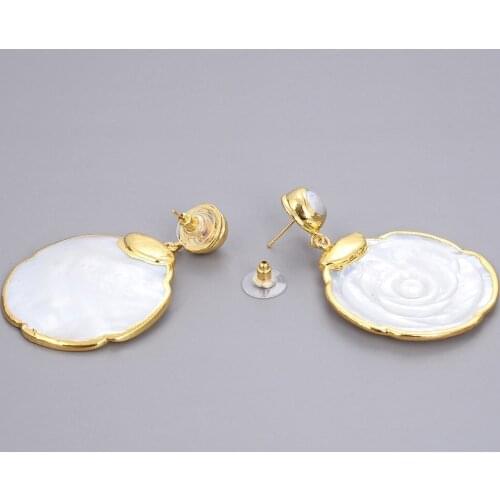 White Mop Shell Flower White Pearl Yellow Gold Plated Earrings