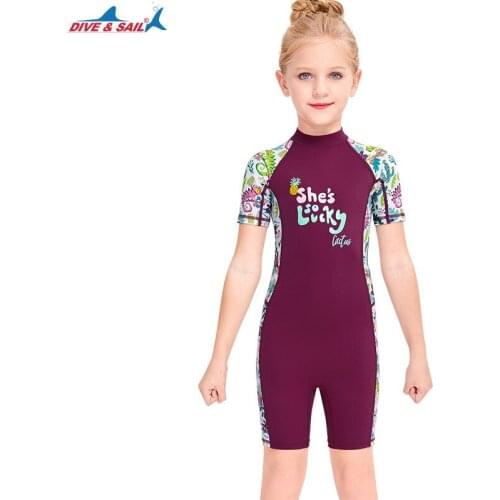 Girls One Piece Professional Short Sleeve Surfing Beach Swimsuit Children Uv Protection Snokeling Diving RashGuard WetSuits