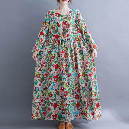 Plus Size Loose Long Maxi Autumn Dress Long Sleeve Print Floral Vintage Women Spring Dress Cotton Linen Office Lady Work Dress