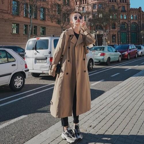 Korean Style Loose Oversized X-Long Womens Trench Coat Double-Breasted Belted Lady Cloak Windbreaker Spring Fall Outerwear Grey