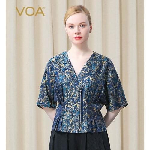 VOA Silk Yarn-dyed Jacquard 24m/m V-neck Harajuku Tops BE529 Zipper Placket Lotus Pleat Hem Commuter Middle Sleeve T-Shirt Woman