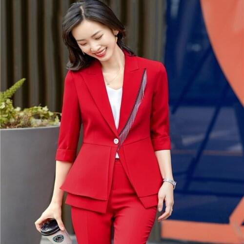 High Quality Fabric Half Sleeve Formal Women Business Suits Pantsuits Professional Career Office Work Wear Blazers Trousers Set